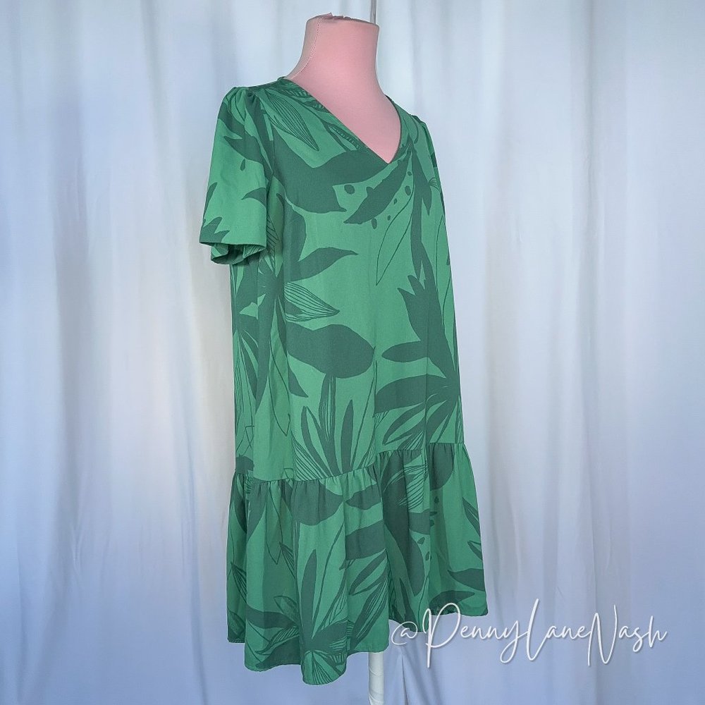 A New Day Leaf Print Short Sleeve Mini Ruffle Hem Dress - Picture 4 of 9